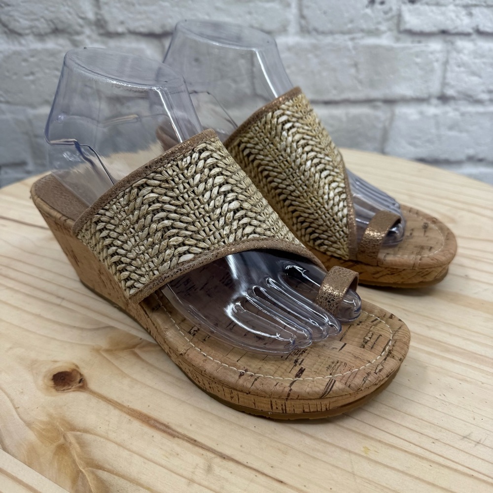 Donald Pliner GILES Style Woven Cork Wedge Sandals - Tan Gold Sz 7.5M